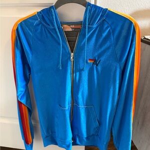 Aviator Nation Blue Zippered Hoodie with Orange Accents
